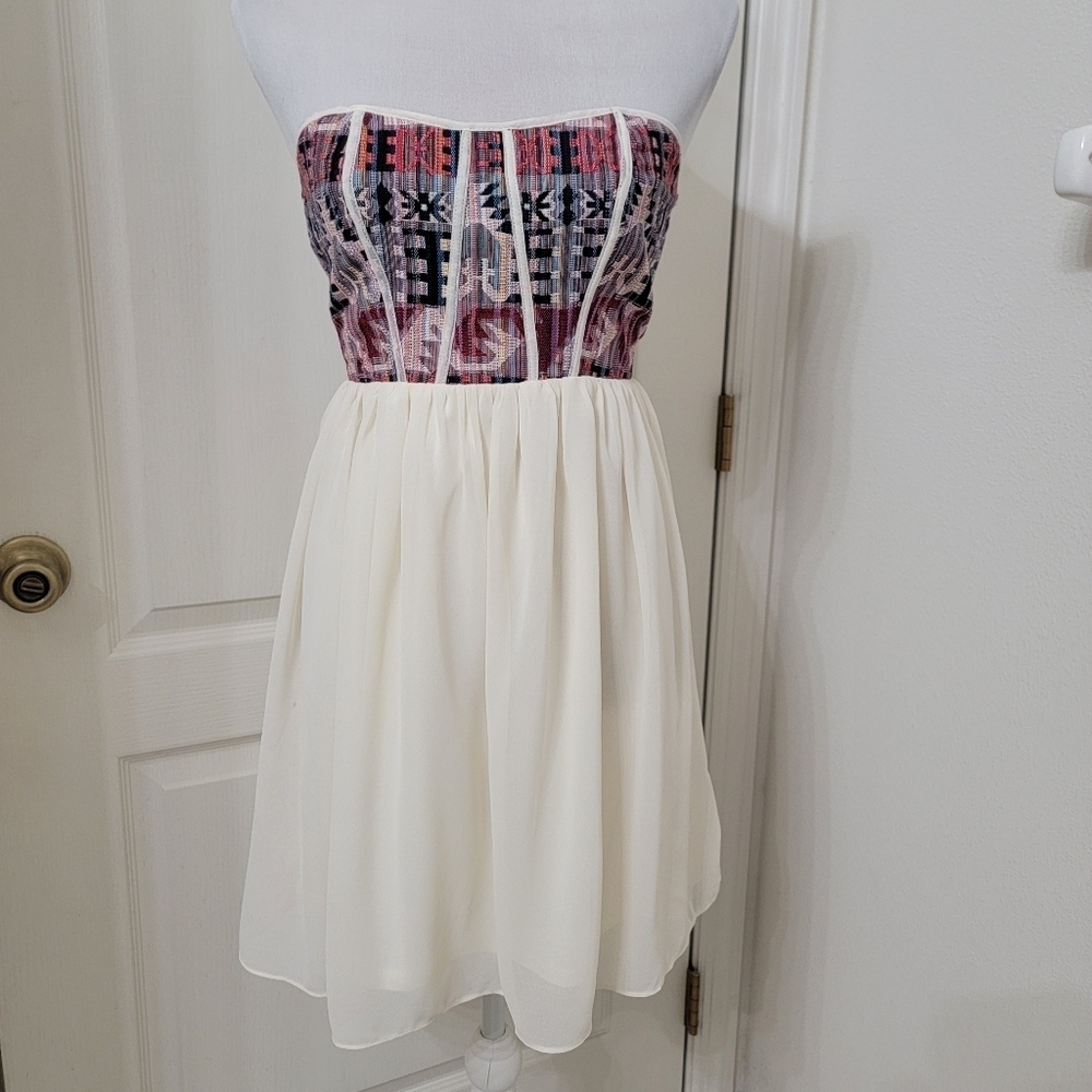 Ya Los Angeles Size S Strapless Tapestry Top Silk Blend Lined Bottom Dress